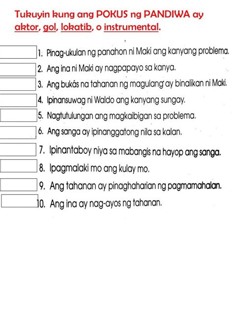 pokus ng pandiwa worksheets with answer key